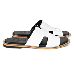 Minimal white H-cut leather slippers for men Qadam Collection