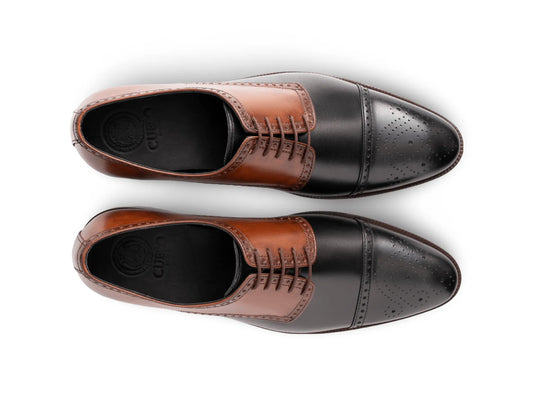 Top view of Two-Toned Alfred formal lace-up shoes showing lace structure, stitching detail, and elegant two-tone craftsmanship