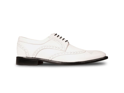 Side profile of Welby White brogue lace-up shoes highlighting sleek silhouette, perforated brogue detailing, and premium craftsmanship
