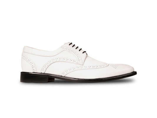 Side profile of Welby White brogue lace-up shoes highlighting sleek silhouette, perforated brogue detailing, and premium craftsmanship