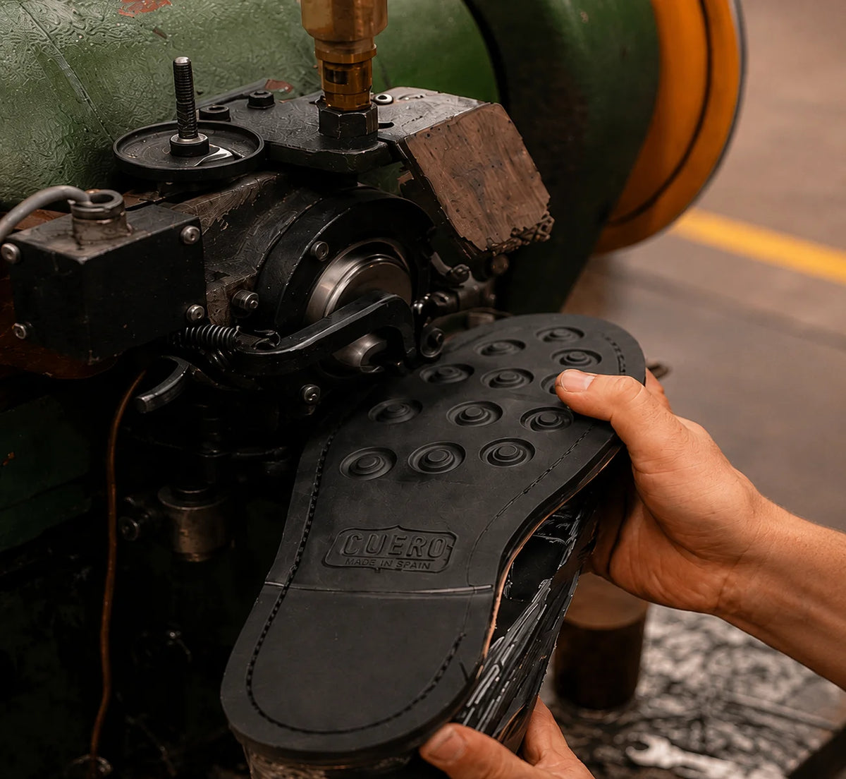 A craftsman's hands guiding a sole through a machine in the workshop